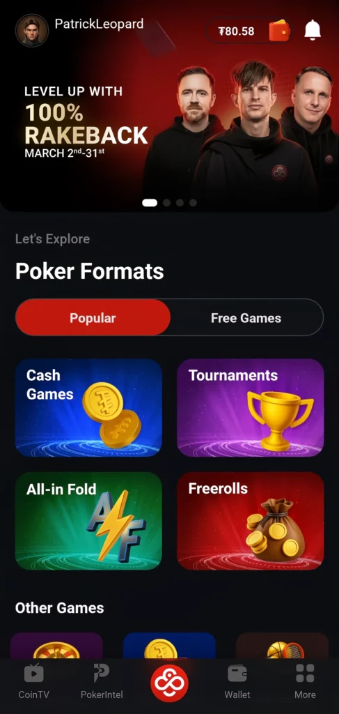 CoinPoker Android 移动端大厅界面