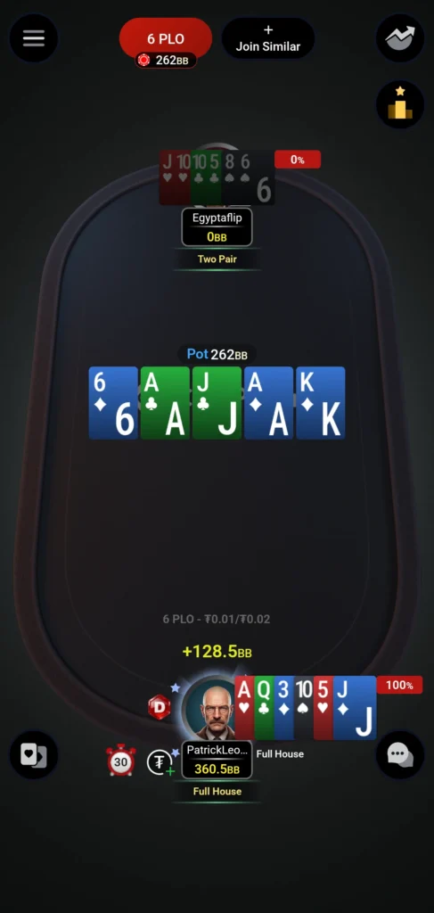 CoinPoker Android 移动端牌桌操作界面